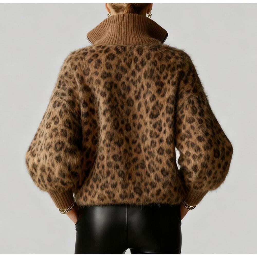 NWT Attrime Leopard Print Half Zip Fuzzy Sweater, Size S - Picture 4 of 7